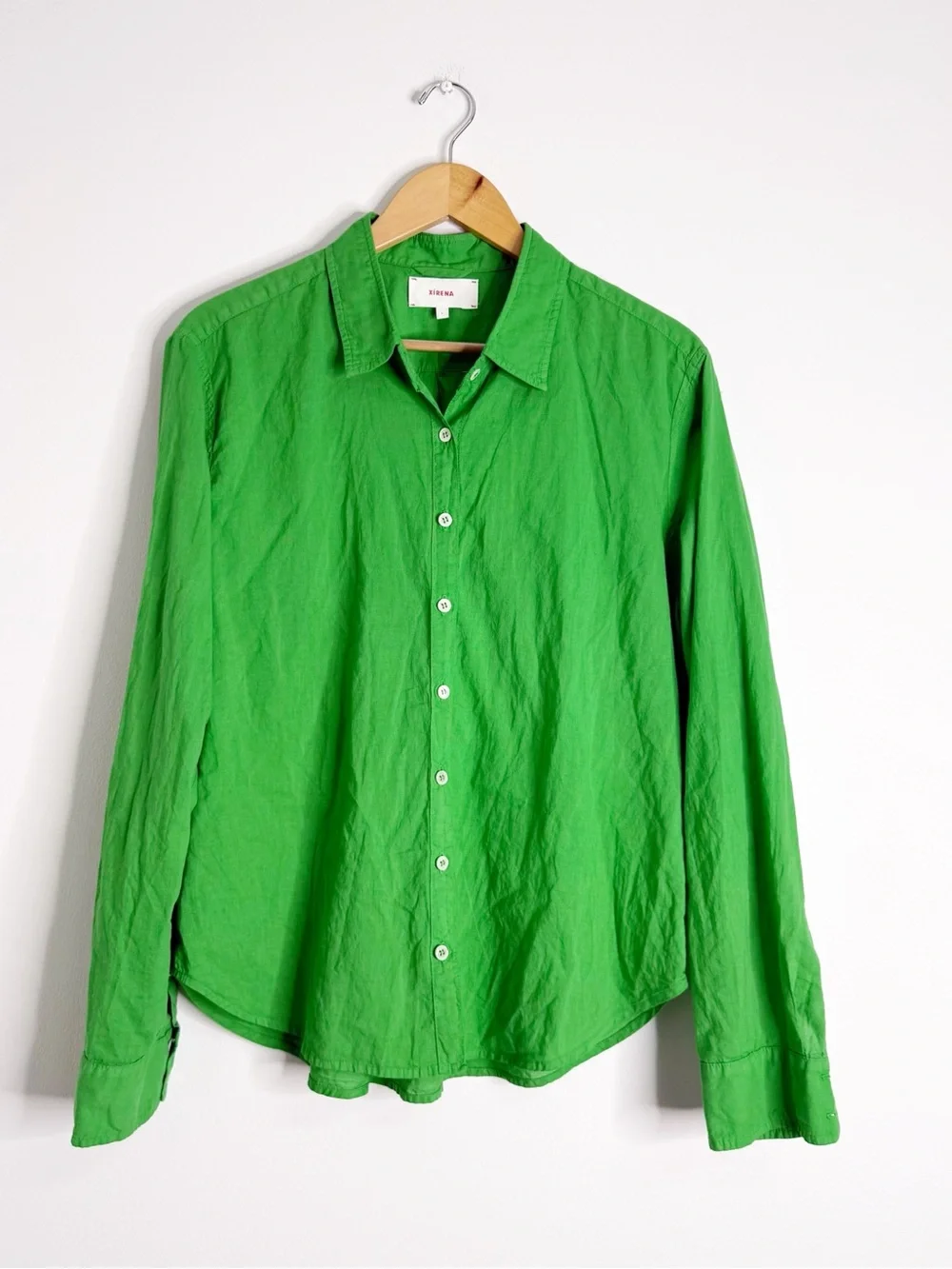 XIRENA Green Cotton Button Front Shirt Women’s Large Collared Long Sleeve